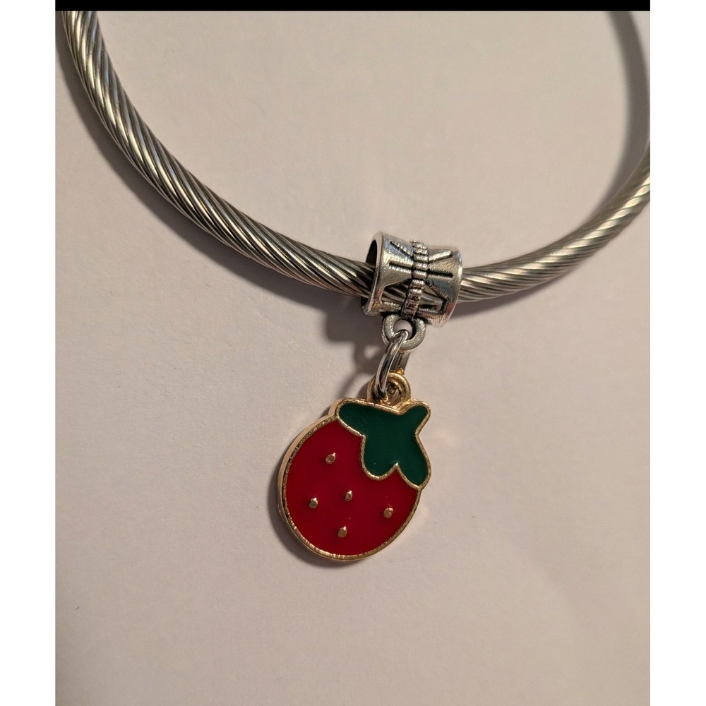 Red Strawberry Enamel Charm for European Slider Bracelets Fruit Pendant Silver